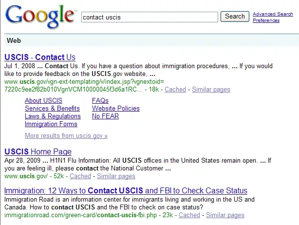 Google Search Result - Contact USCIS