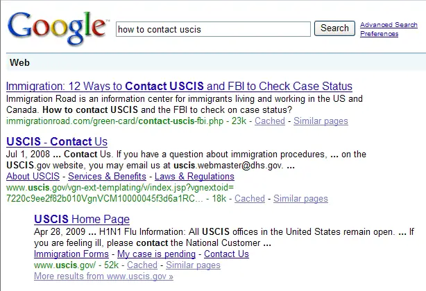 Google Search Result - How to Contact USCIS